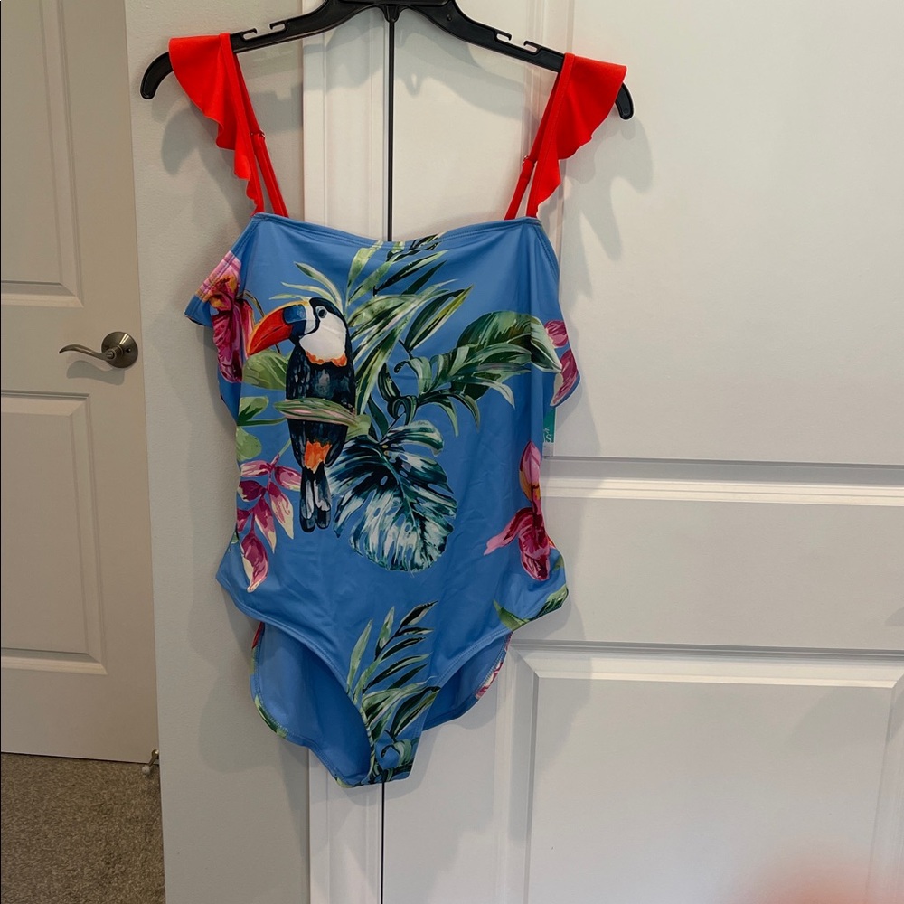 Tropical Blue and Red One-Piece Swimsuit